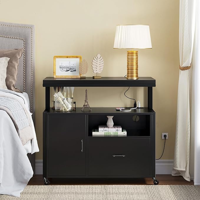 YITAHOME Wood File Cabinet with Charging Station, Rolling Filing Cabinet Cart with Door, Industrial Nightstand with Printer Shelf for Home Office, Bedroom, Living Room, Entryway, Black