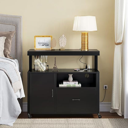 YITAHOME Wood File Cabinet with Charging Station, Rolling Filing Cabinet Cart with Door, Industrial Nightstand with Printer Shelf for Home Office, Bedroom, Living Room, Entryway, Black