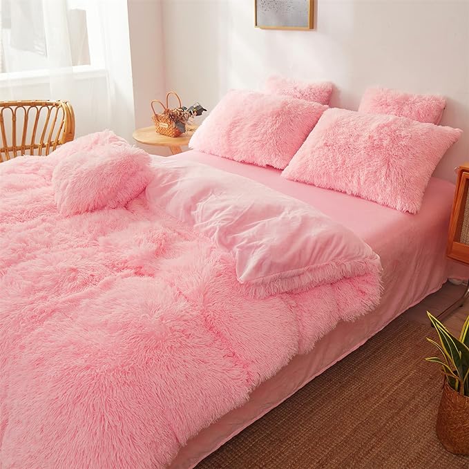 Fluffy Faux Fur Pink Comforter Cover Set Queen - Ultra Soft Plush Pink Bedding Sets 3 Pieces (1 fluffy duvet cover + 2 Faux Fur Pillow case) Cute Pink Bed Set (Light Pink, Queen)