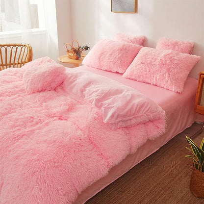 Fluffy Faux Fur Pink Comforter Cover Set Queen - Ultra Soft Plush Pink Bedding Sets 3 Pieces (1 fluffy duvet cover + 2 Faux Fur Pillow case) Cute Pink Bed Set (Light Pink, Queen)