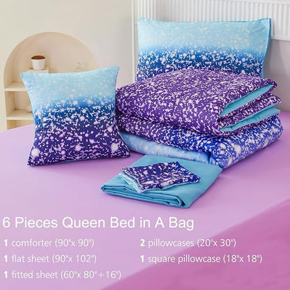PERFEMET Queen Comforter Set with Sheets, 6 Pcs Blue Purple Girls Bedding Set, Tie Dye Rainbow Comforter for Queen Size Bed, Colorful Ombre Bedroom Decor Bed in A Bag for Teens Girls