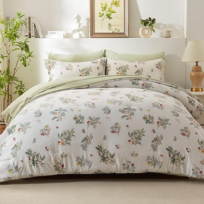 EMME Queen Comforter Set - Sage Green Floral Bedding Set 7 PCS with Flowers Leaves Pattern, Soft Plant Printed Botanical Bed Set with Sheets, Fluffy Bed Bag for All Season(90"X90")