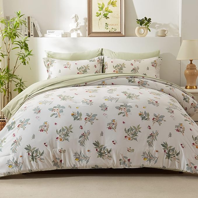 EMME Botanical Sage Green Comforter Set King Size 7 Pieces＿Brushed Microfiber Bed in a Bag for Girls, Ultra Soft Bedding Set with Sheets (Sage Green, King (7 Piece), Adult