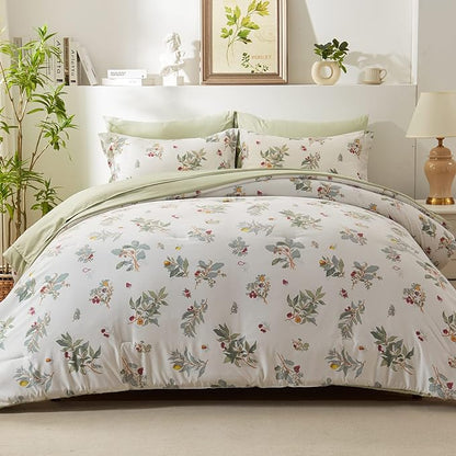 EMME Botanical Sage Green Comforter Set King Size 7 Pieces＿Brushed Microfiber Bed in a Bag for Girls, Ultra Soft Bedding Set with Sheets (Sage Green, King (7 Piece), Adult