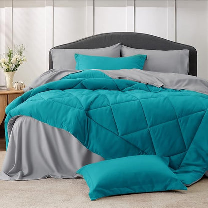 Bedsure Teal Queen Comforter Set - 7 Pieces Reversible Queen Bed in a Bag Queen Bed Set with Comforters, Sheets, Pillowcases & Shams, Queen Bedding Sets