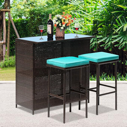 FDW 3PCS Patio Bar Set Outdoor Furniture Set Wicker Bistro Set with Two Stools for Patio Backyard Balcony,Blue Cushion