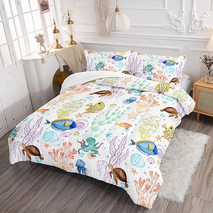 Turtle Comforter Set Twin Ocean Watercolor Sea Turtle Bedding Set Tropical Fish Marine Life Bed Set with 2 Pillowcases for Kids Room Decor