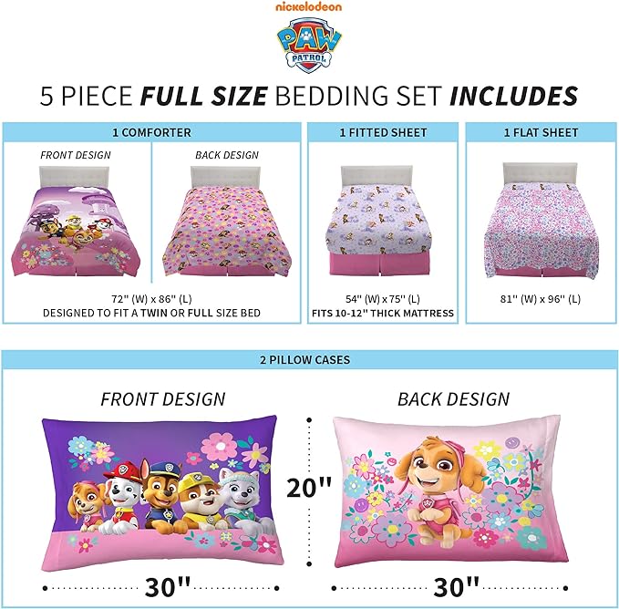 Franco Kids Bedding Super Soft Comforter and Sheet Set, 5 Piece Full Size, Paw Patrol Girls