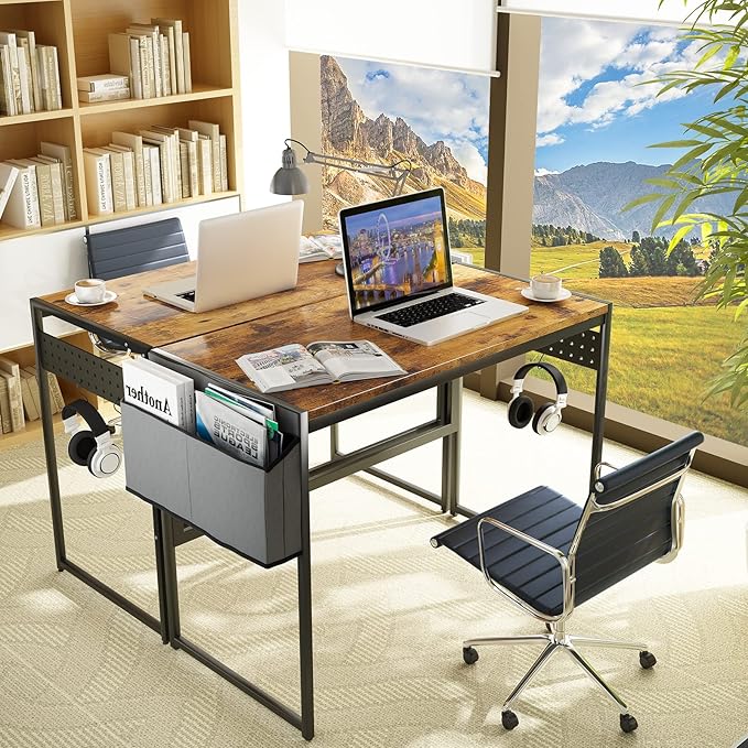 DKLGG Computer Desk 39" Home Office Desk Laptop Study Table Workstation with A Storage Bag and Headphone Hook Retro Industrial Design Small Computer Desk for Teens, Brown