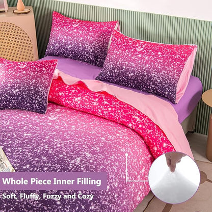 PERFEMET Purple Comforter Set Full Size - 6Pcs Colorful Rainbow Girls Bedding Set - Sparkly Pastel Ombre Bed in A Bag - (1 Comforter, 1 Flat Sheet, 1 Fitted Sheet, 2 Pillowcases, 1 Cushion Cover)