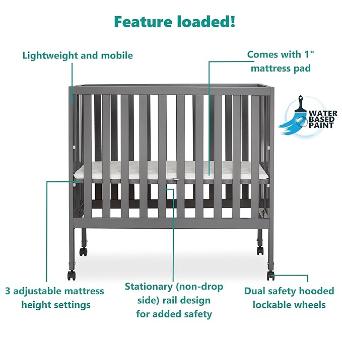 Jett Non-Full Size Folding Convertible Crib, Lightweight Portable Crib, Three Adjustable Mattress Height Settings, Easy to Fold Travel Crib, 1.5” Mattress Pad Included