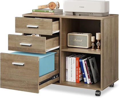 DEVAISE 3-Drawer Wood File Cabinet, Mobile Lateral Filing Cabinet, Printer Stand with Open Storage Shelves for Home Office, Gray Oak