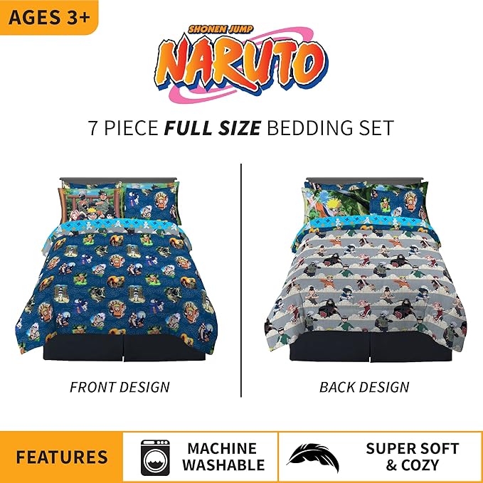 Naruto Anime Bedding Super Soft Comforter and Sheet Set with Sham, 7 Piece Full Size, By Franco