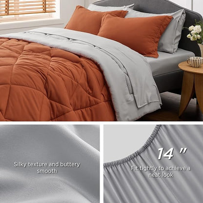 Bedsure Burnt Orange California King Size Comforter Set - 7 Pieces Reversible Cal King Bed in a Bag Bed Set with Comforters, Sheets, Pillowcases & Shams, California King Bedding Sets