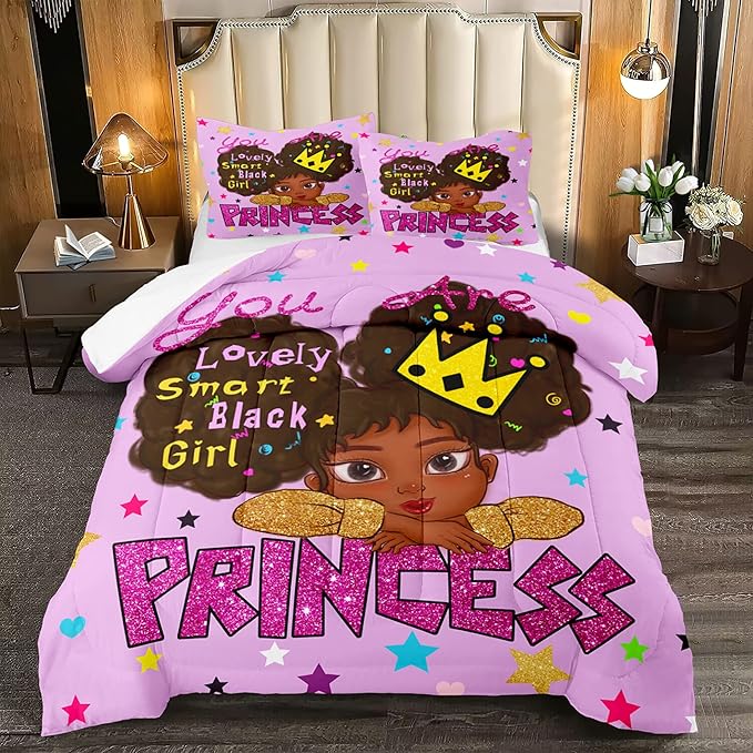 African Black Girl Full Size Comforter Sets for Girls, Black Girl Teen Girl Comforter Set Full Size, Purple Princess Full Size Bedding Set, Full (1 Comforter 2 Pillowcases)