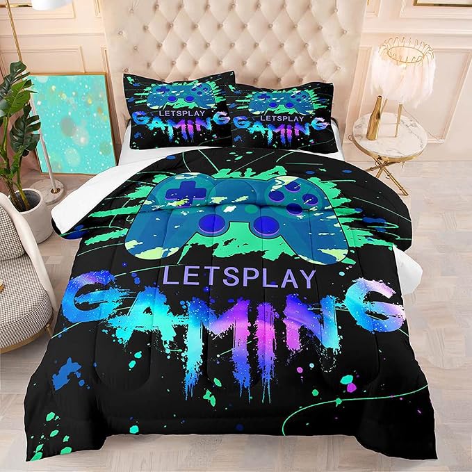Game Comforter Set Video Gaming Bedding Sets Gamer Room Decor Full Size Colorful Black Gamepad Soft Game Bedding Set for Boys Teen 1 Comforter and 2 Pillowcases