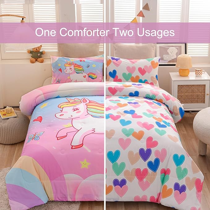 Aimuan Girls Unicorn Comforter Set 3 Pieces Pink Purple Bedding Set with Rainbow Star Galaxy Stars Fantasy Children Room Decor Soft Reversible Bed Sets for Boys/Girls/Teens (Pink Blue Twin3Pcs)