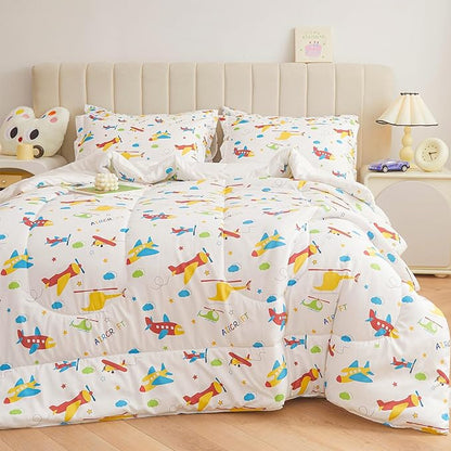 Mooreeke Bed in a Bag for Kids Boys Teens, 5 Pieces Twin Size Aircraft Print Comforter Bed Set with Shams, Sheet Set, Airplane White Super Soft Microfiber Kids Comforter Bedding Set