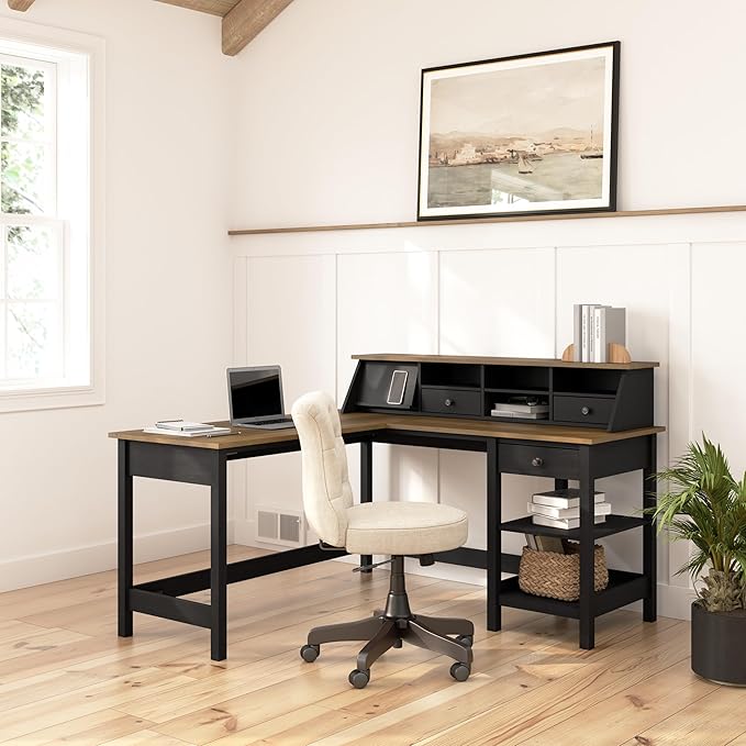 Bush Furniture Mayfield 60W L Shaped Computer Desk with Storage and Desktop Organizer in Vintage Black and Reclaimed Pine | Storage for Home Office Workspace