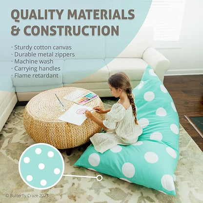 Butterfly Craze Bean Bag Chair Cover, Functional Toddler Toy Organizer, Fill with Stuffed Animals to Create a Jumbo, Comfy Floor Lounger for Boys or Girls, Stuffing Not Included, Aqua Polka Dots
