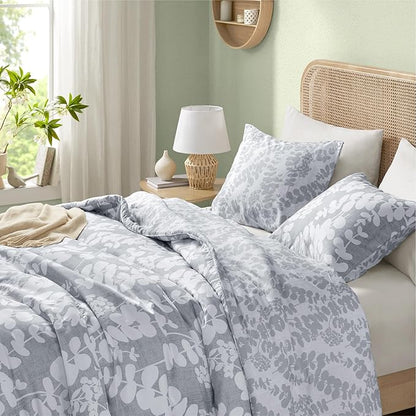 Codi Gray Floral Comforter Set Twin Size, Botanical Bedding Sets | Unique Reversible Design, Lightweight, Better for Spring and Summer | Leaf Print 3 Pieces