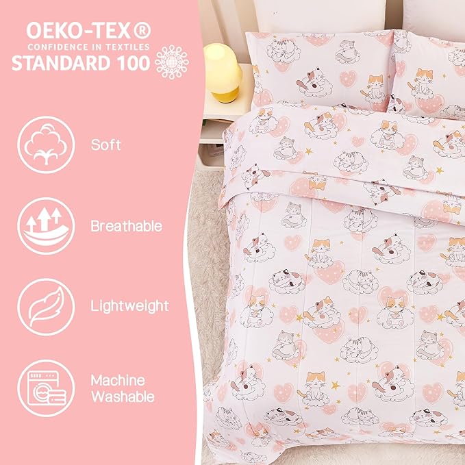 Cat Kids Comforter Set for Girls Twin, Cute Quilted Pink Heart Printed Bedding Set with Pillow Sham, Lightweight Soft Breathable Machine Washable Bed Set 2 Piece