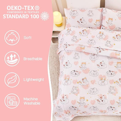 Cat Kids Comforter Set for Girls Twin, Cute Quilted Pink Heart Printed Bedding Set with Pillow Sham, Lightweight Soft Breathable Machine Washable Bed Set 2 Piece