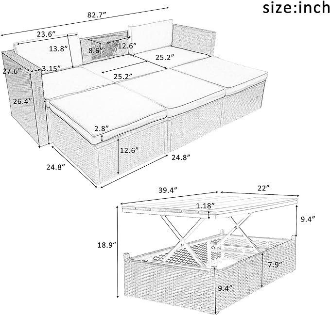 5 Pieces Patio Furniture Sets All Weather Wicker Rattan Sectional Sofa Outdoor Conversation with Adustable Backrest, Cushions, Ottomans and Lift Top Coffee Table for Poolside, Garden, Backyard
