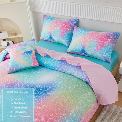 PERFEMET Rainbow Queen Girls Bedding Set, 6 Pieces Glitter Pink Green Comforter for Queen Size Bed, Colorful Tie Dye Ombre Teen Girls Bed in A Bag Comforter Set with Sheets