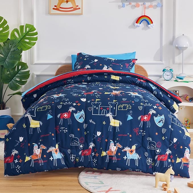 SLEEP ZONE Kids Twin Size Bedding Comforter Set 5 Pieces Breathable All Season Use for Boys (Knight‘s Tale, Twin)