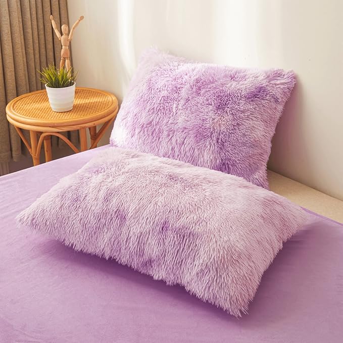 Tie dye Lavender Plush Fluffy Comforter Cover Set Queen - Ultra Soft Faux Fur tie dye Bedding Sets 3 Pieces (1 Shaggy Duvet Cover + 2 Pillow case) Fluffy Bed Set (Tie Dye Lavender, Queen)