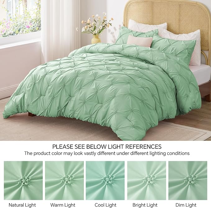 BEDELITE Green King Size Comforter Set - 3 Pieces Boho Pintuck Bedding Comforter Sets, Lightweight Soft & Warm King Bedding Set with 2 Pillowcases for All Season