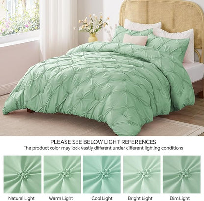 BEDELITE Green Queen Comforter Set - 3 Pieces Boho Pintuck Bedding Comforter Sets, Lightweight Soft & Warm Bed Comforter Queen with 2 Pillowcases for All Season