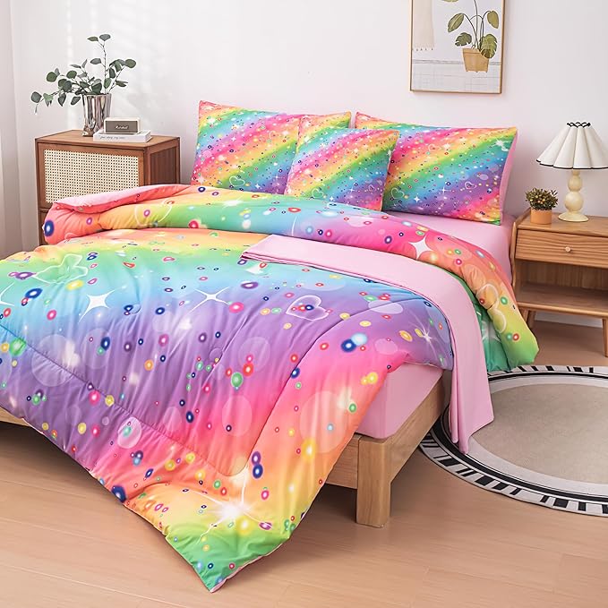 Full Size Comforter Sets for Girls, Kids Bedding Sets for Girls, Rainbow Comforter Full, 6 Pcs Bed in a Bag Girls (1Comforter, 1Flat Sheet, 1Fitted Sheet, 1 Pillow Cover, 2Pillowcases)