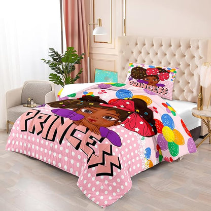 Black Girls Twin Bedding Sets for Girls-Black Girls Twin Comforter Set for Girls, Black Girls Bedding Sets Twin, Pink Princess Twin Bedding Sets for Girls, Twin (1 Comforter 1 Pillowcases)