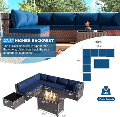 Kullavik 8 Pieces Outdoor Patio Furniture Set with 43" 55000BTU Gas Propane Fire Pit Table PE Wicker Rattan Sectional Sofa Patio Conversation Sets,Dark Blue