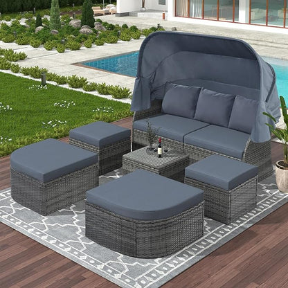 Rectangle Furniture Daybed Sunbed with Retractable Canopy, Outdoor Wicker Conversation Set with Cushions for Patio, Backyard, Porch, Garden, Hc-Gray