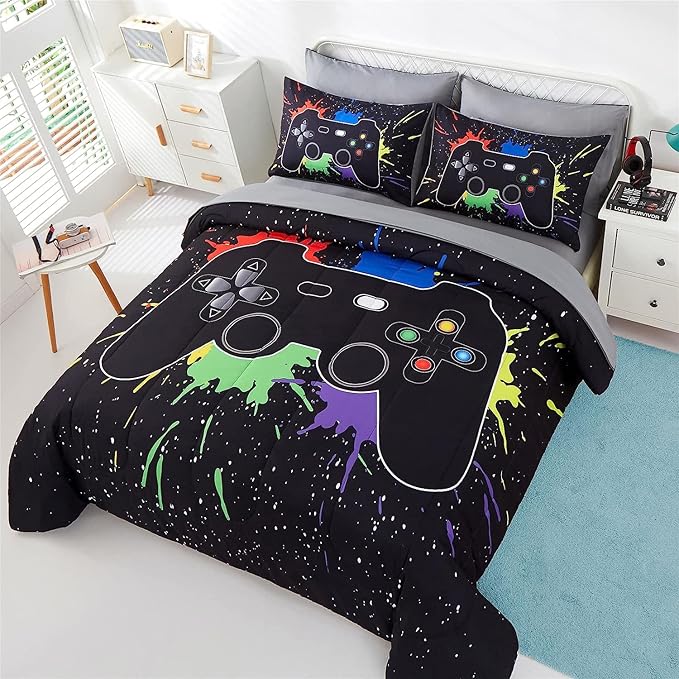 KAKKI 5 Piece Boys Full Gamer Comforter Set with Sheets, 3D Colorful Video Game Controller Comforter for Kids Teen, All Season Soft Microfiber Gaming Bedding Set(Black,Full)