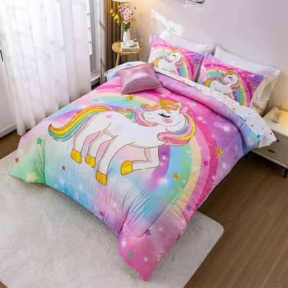 Aimuan Girls Unicorn Comforter Set 6 Pieces Pink Purple Bedding Set with Rainbow Star Galaxy Stars Fantasy Children Room Decor Soft Reversible Bed Sets for Boys/Girls/Teens (Rainbow Twin6Pcs)