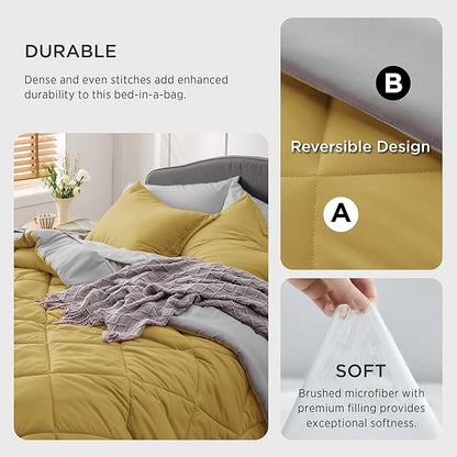 Bedsure Mustard Yellow Queen Comforter Set - 7 Pieces Reversible Queen Bed in a Bag, Queen Bed Set Mustard Yellow and Grey with Comforters, Sheets, Pillowcases & Shams