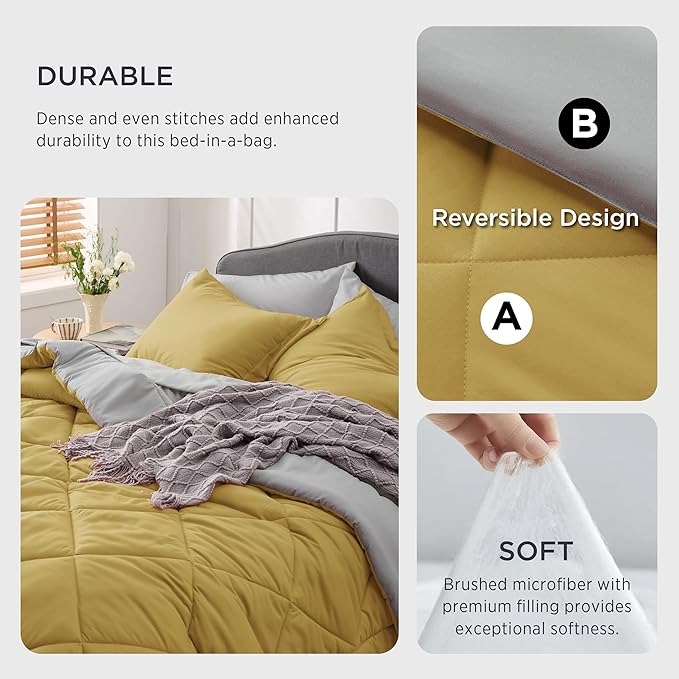 Bedsure Mustard Yellow Twin Comforter Set - 5 Pieces Reversible Twin Bed in a Bag for College, Extra Long Twin Bed Set Mustard Yellow and Grey with Comforters, Sheets, Pillowcase & Sham