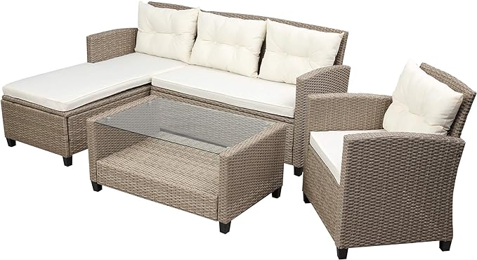 6 Piece Patio Furniture Rattan Outdoor Sectional Conversation Sets, Dining Table Chair with Bench and Cushions for Backyard, Pool, Lawn, O-Beige