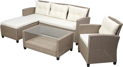 6 Piece Patio Furniture Rattan Outdoor Sectional Conversation Sets, Dining Table Chair with Bench and Cushions for Backyard, Pool, Lawn, O-Beige