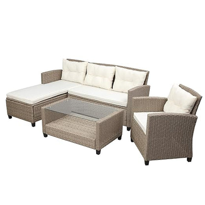4PCS Patio Furniture Set, Outdoor Wicker Conversation Sectional L-Shaped Sofa with 4 Seater Thickness Coffee Table, for Backyard, Porch, Onesize, E-Beige Cushion+Brown Rattan