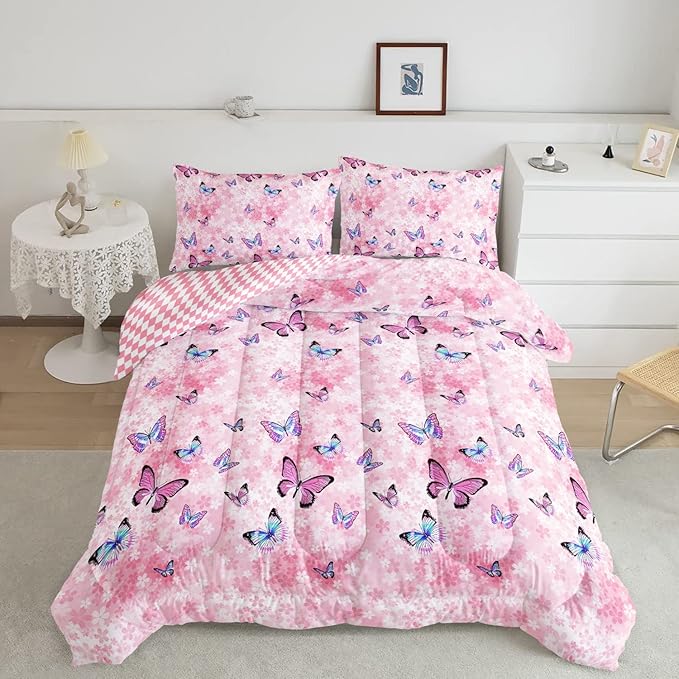 Datura home Kids Comforter Set Girls Pink Flower Butterfly Printed Pattern Quilt Bedding with 1 and 2 Pillowcases for Bedroom All Season(Pink Queen) Queen 90x90inches