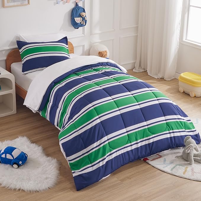 SLEEP ZONE Kids Rugby Bedding Comforter Set Full/Queen Size - Super Cute & Soft Kids Bedding 7 Pieces Set with Comforter, Sheet, Pillowcase & Sham (Rugby Stripe Navy/Green)