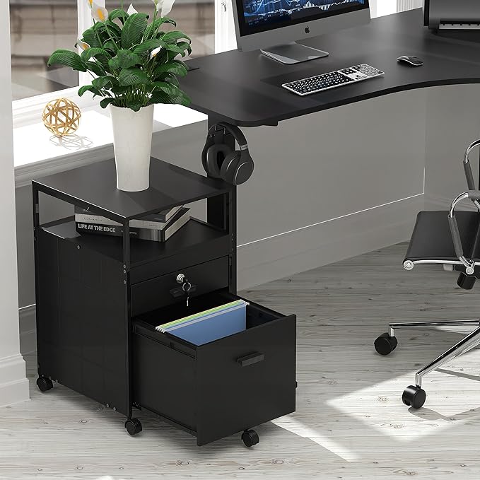 SHW Rolling File Cabinet w/ 2 Drawers & Open Shelf, Black