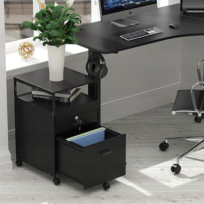 SHW Rolling File Cabinet w/ 2 Drawers & Open Shelf, Black
