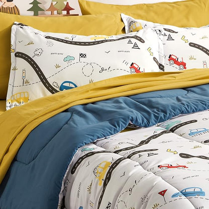 SLEEP ZONE Kids Bedding Full/Queen Comforter Set - Cute Printed for Boys, Girls, Teens, Super Soft, Fade Resistant, Car Road, Full/Queen