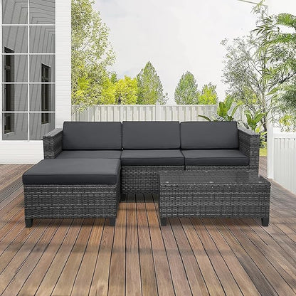 5 Piece Outdoor Patio Sectional Furniture Set, Weather Resistant Rattan Outside Couch, Waterproof Conversation Sofa for Balcony, Porch, Backyard, Deck, Garden, Grey
